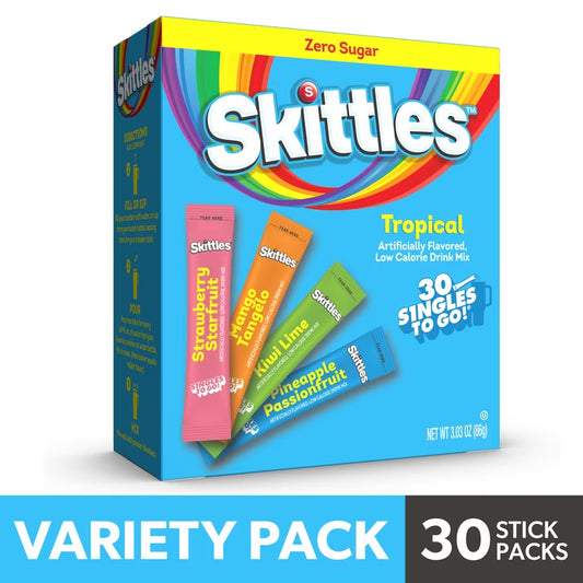 Skittles Zero Sugar Variety Pack Singles-to-Go Powdered Drink Mix, Tropical, 30 Count Packet